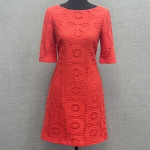 Adrianna Papell Coral Lace Sheath Dress 3/4 Sleeve Boat Neck Back Zip Size 6